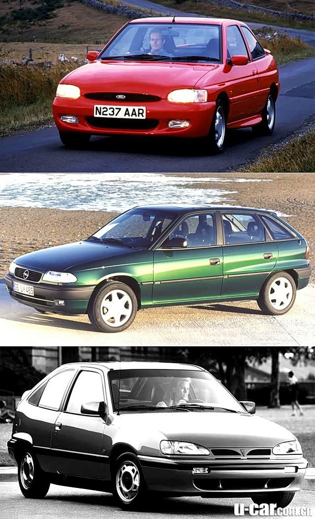 (图上福特 escort rs2000,图中欧宝雅特,图下庞蒂克勒芒)